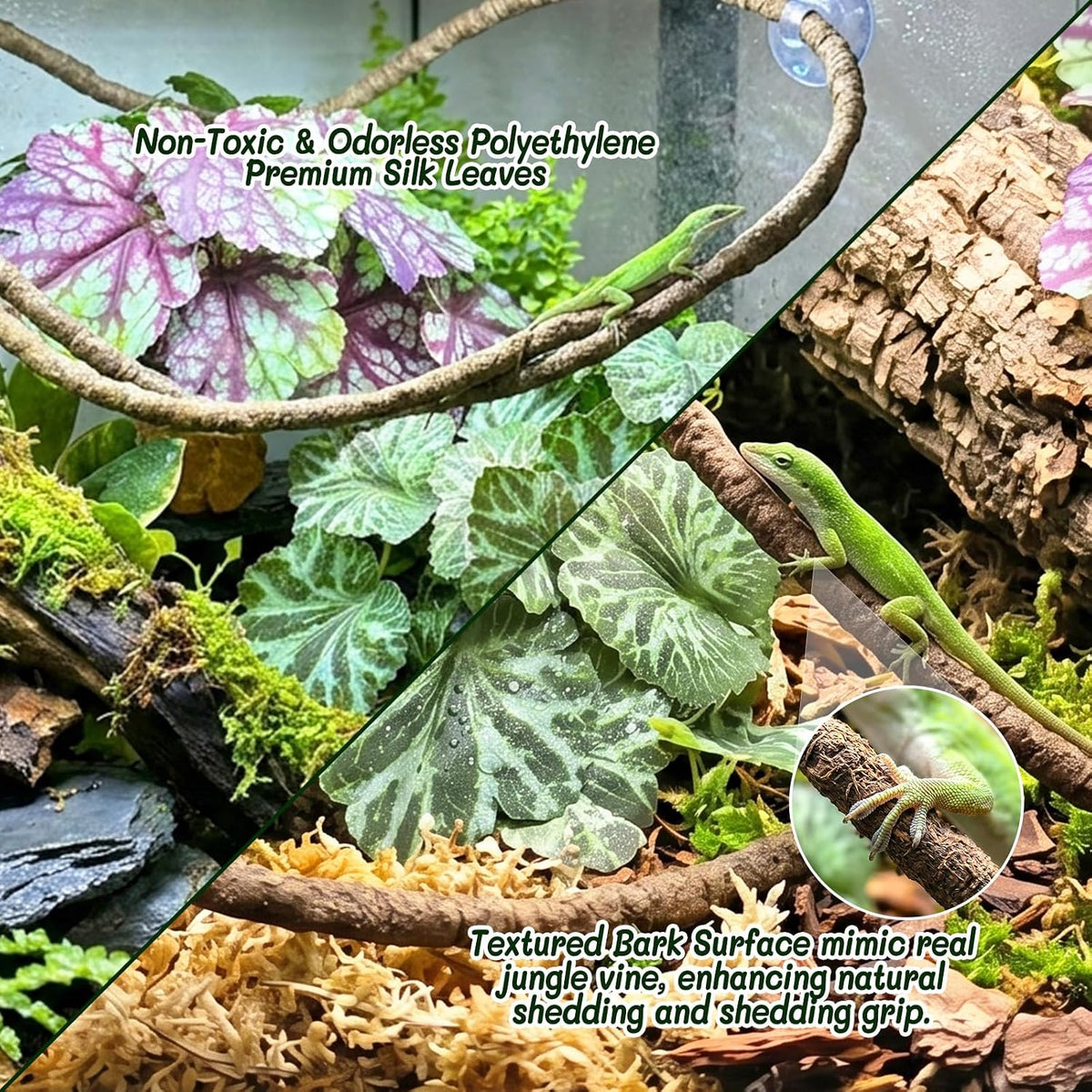 3PC Reptile Terrarium Habitat Decor Kit – Realistic Artificial Reptile Plants with Hanging Vine, Resin Stone Base – Jungle Rainforest Habitat & Climbing for Lizard & Amphibians (Syngonium)