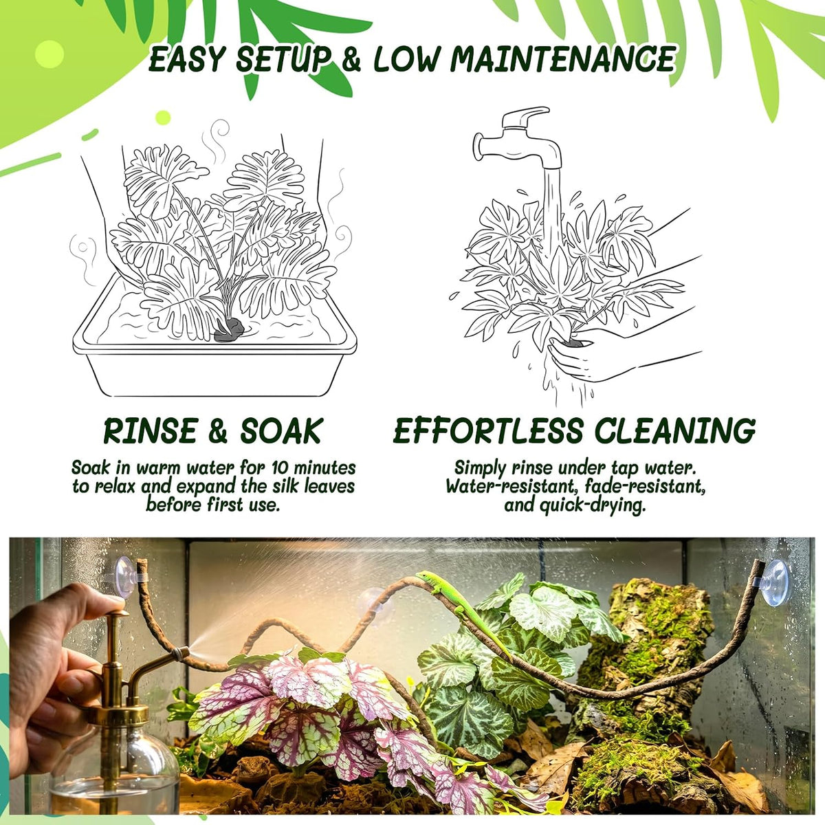 3PC Reptile Terrarium Habitat Decor Kit – Realistic Artificial Reptile Plants with Hanging Vine, Resin Stone Base – Jungle Rainforest Habitat & Climbing for Lizard & Amphibians (Syngonium)