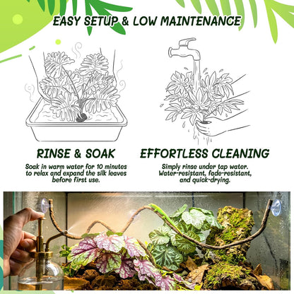 3PC Reptile Terrarium Habitat Decor Kit – Realistic Artificial Reptile Plants with Hanging Vine, Resin Stone Base – Jungle Rainforest Habitat & Climbing for Lizard & Amphibians (Syngonium)