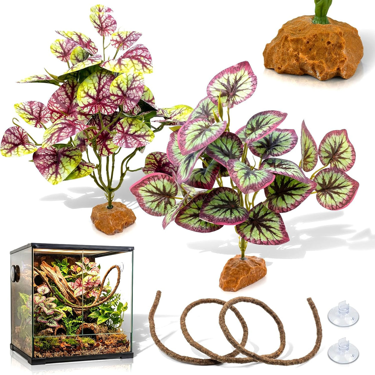 3PC Reptile Terrarium Habitat Decor Kit – Realistic Artificial Reptile Plants with Hanging Vine, Resin Stone Base – Jungle Rainforest Habitat & Climbing for Lizard & Amphibians (Syngonium)