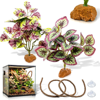 3PC Reptile Terrarium Habitat Decor Kit – Realistic Artificial Reptile Plants with Hanging Vine, Resin Stone Base – Jungle Rainforest Habitat & Climbing for Lizard & Amphibians (Syngonium)