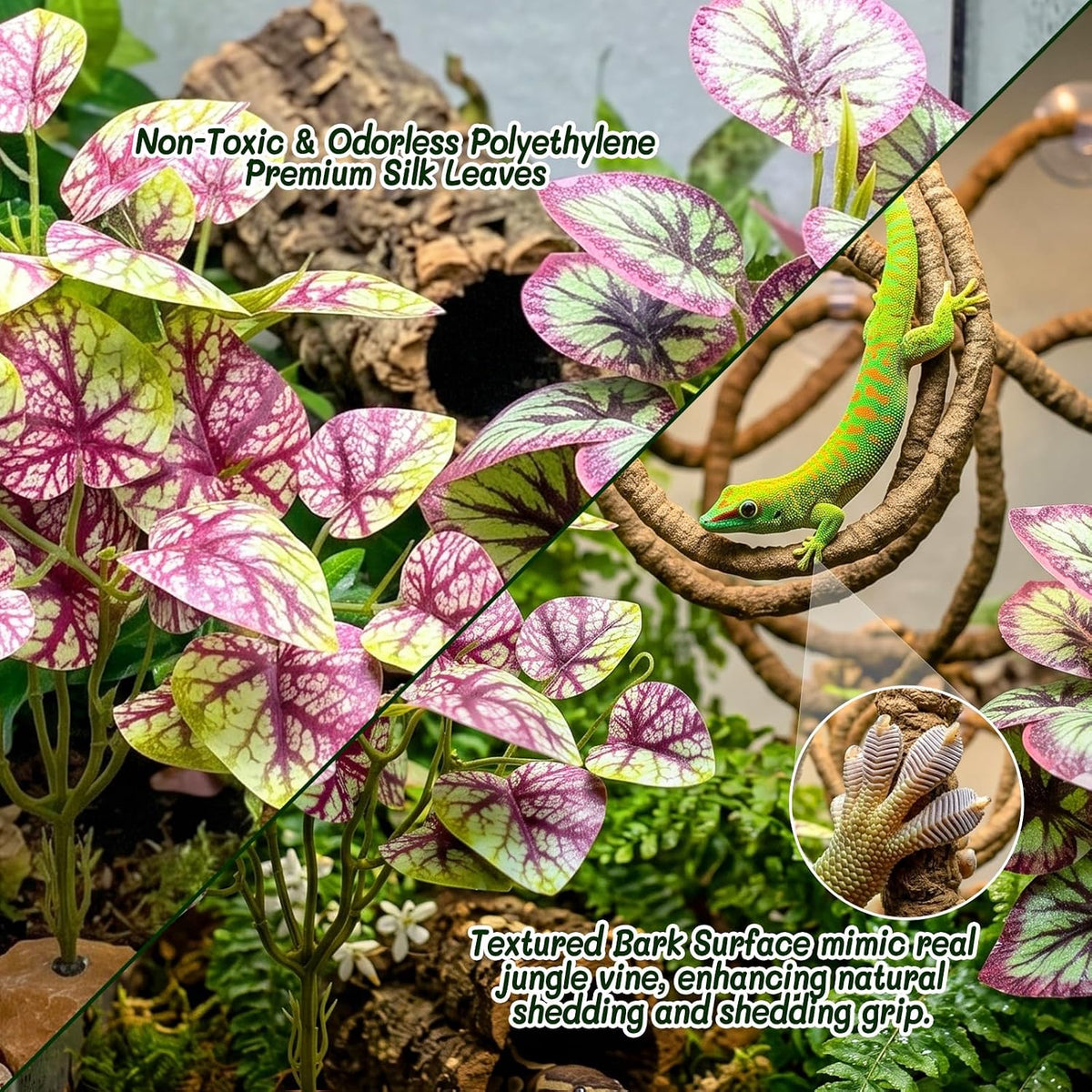 3PC Reptile Terrarium Habitat Decor Kit – Realistic Artificial Reptile Plants with Hanging Vine, Resin Stone Base – Jungle Rainforest Habitat & Climbing for Lizard & Amphibians (Syngonium)
