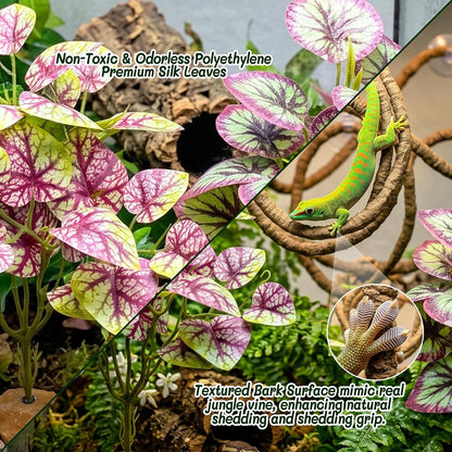 3PC Reptile Terrarium Habitat Decor Kit – Realistic Artificial Reptile Plants with Hanging Vine, Resin Stone Base – Jungle Rainforest Habitat & Climbing for Lizard & Amphibians (Syngonium)