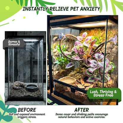 3PC Reptile Terrarium Habitat Decor Kit – Realistic Artificial Reptile Plants with Hanging Vine, Resin Stone Base – Jungle Rainforest Habitat & Climbing for Lizard & Amphibians (Syngonium)