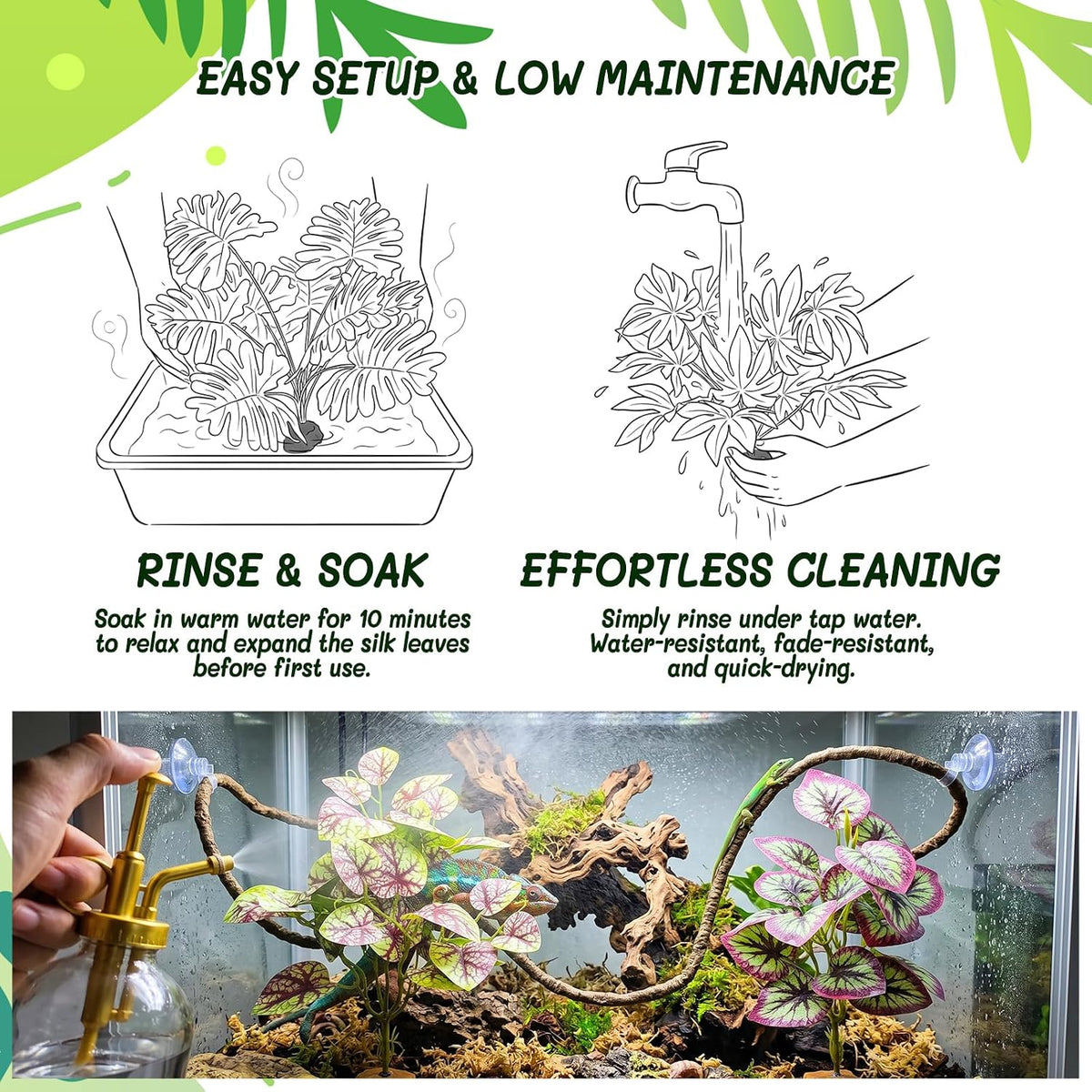 3PC Reptile Terrarium Habitat Decor Kit – Realistic Artificial Reptile Plants with Hanging Vine, Resin Stone Base – Jungle Rainforest Habitat & Climbing for Lizard & Amphibians (Syngonium)