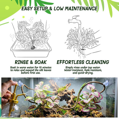 3PC Reptile Terrarium Habitat Decor Kit – Realistic Artificial Reptile Plants with Hanging Vine, Resin Stone Base – Jungle Rainforest Habitat & Climbing for Lizard & Amphibians (Syngonium)