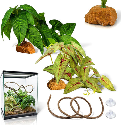 3PC Reptile Terrarium Habitat Decor Kit – Realistic Artificial Reptile Plants with Hanging Vine, Resin Stone Base – Jungle Rainforest Habitat & Climbing for Lizard & Amphibians (Syngonium)