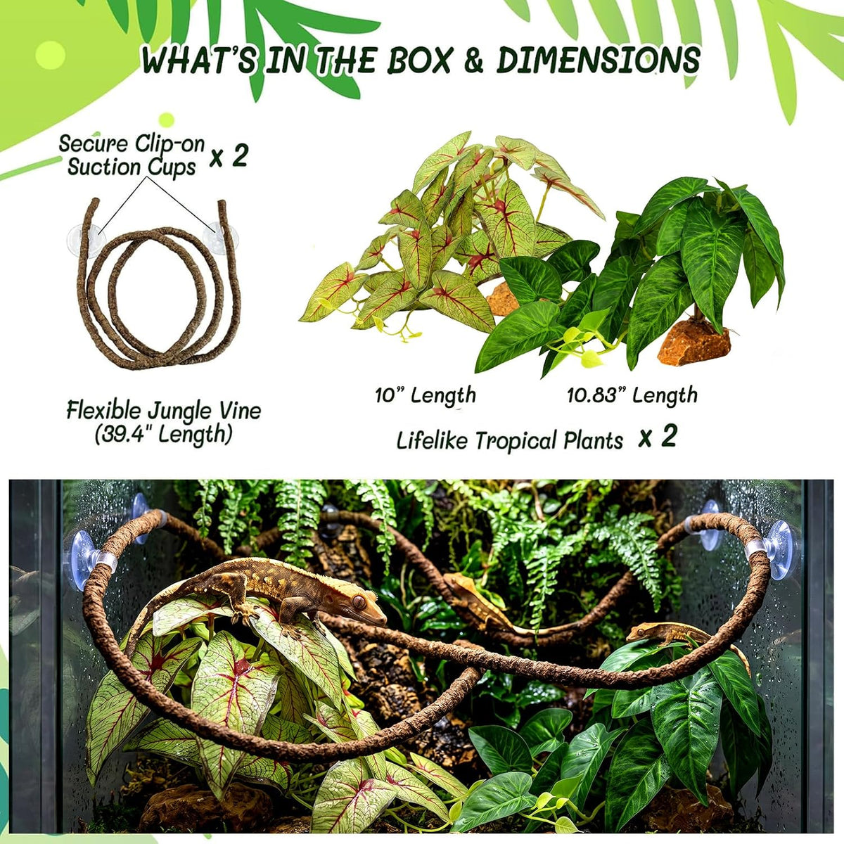 3PC Reptile Terrarium Habitat Decor Kit – Realistic Artificial Reptile Plants with Hanging Vine, Resin Stone Base – Jungle Rainforest Habitat & Climbing for Lizard & Amphibians (Syngonium)