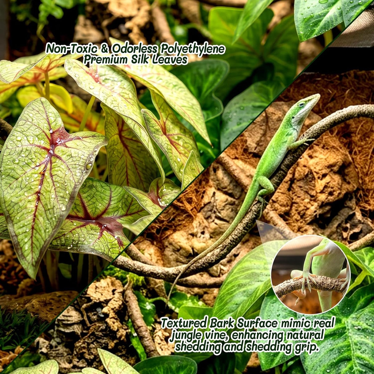 3PC Reptile Terrarium Habitat Decor Kit – Realistic Artificial Reptile Plants with Hanging Vine, Resin Stone Base – Jungle Rainforest Habitat & Climbing for Lizard & Amphibians (Syngonium)