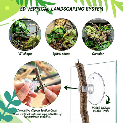 3PC Reptile Terrarium Habitat Decor Kit – Realistic Artificial Reptile Plants with Hanging Vine, Resin Stone Base – Jungle Rainforest Habitat & Climbing for Lizard & Amphibians (Syngonium)