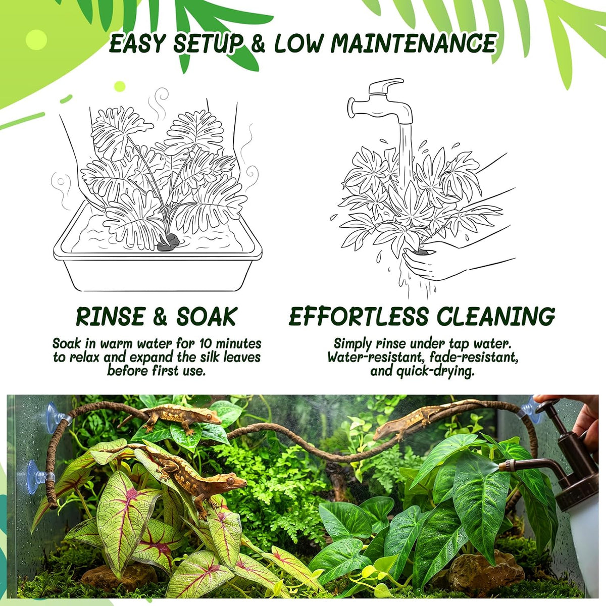 3PC Reptile Terrarium Habitat Decor Kit – Realistic Artificial Reptile Plants with Hanging Vine, Resin Stone Base – Jungle Rainforest Habitat & Climbing for Lizard & Amphibians (Syngonium)
