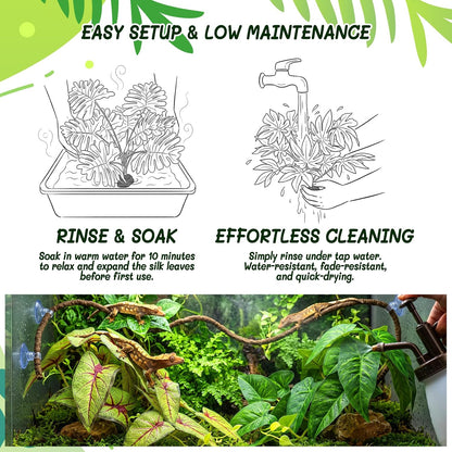 3PC Reptile Terrarium Habitat Decor Kit – Realistic Artificial Reptile Plants with Hanging Vine, Resin Stone Base – Jungle Rainforest Habitat & Climbing for Lizard & Amphibians (Syngonium)