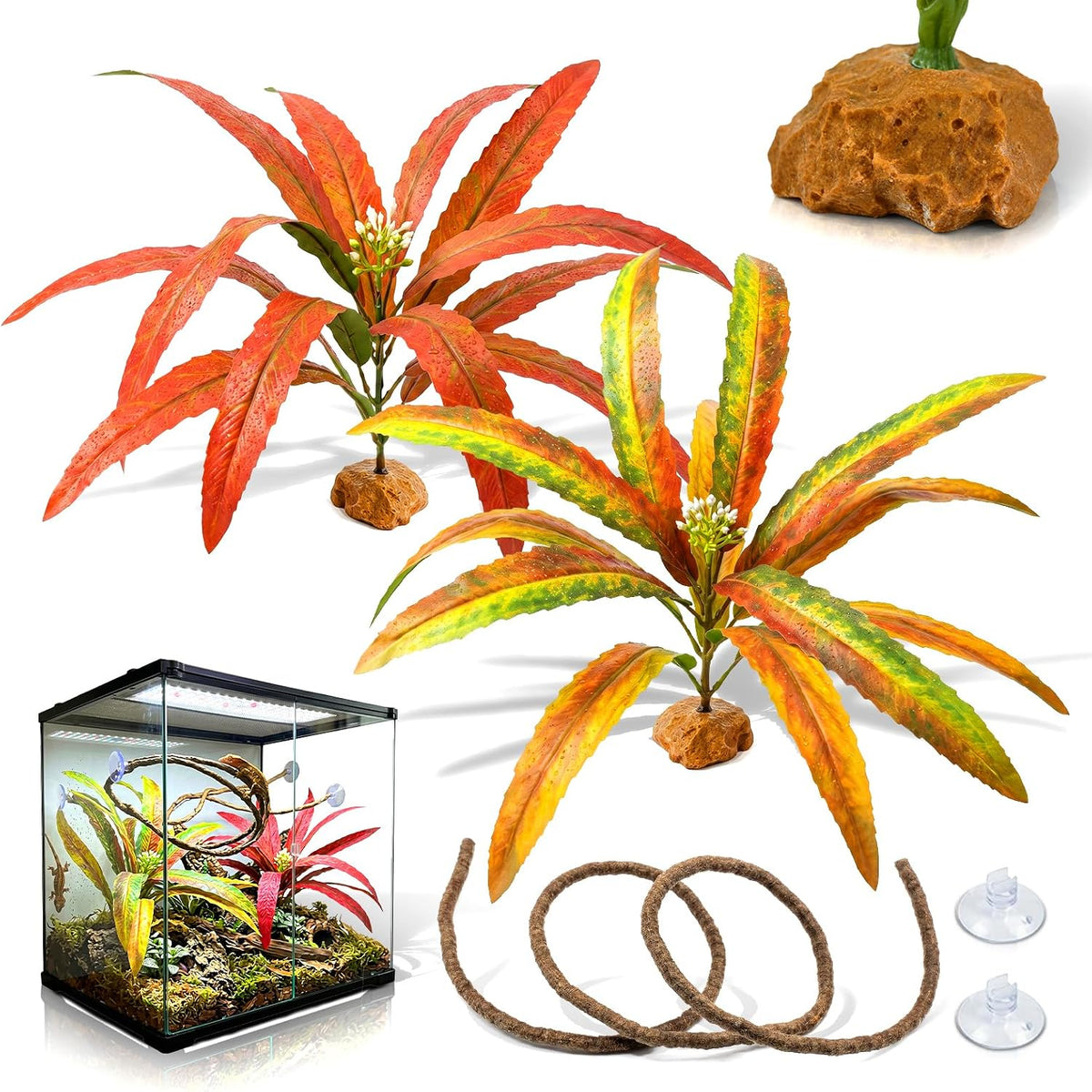 3PC Reptile Terrarium Habitat Decor Kit – Realistic Artificial Reptile Plants with Hanging Vine, Resin Stone Base – Jungle Rainforest Habitat & Climbing for Lizard & Amphibians (Syngonium)