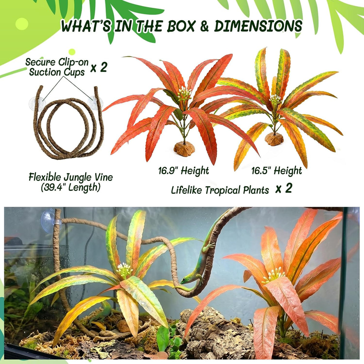 3PC Reptile Terrarium Habitat Decor Kit – Realistic Artificial Reptile Plants with Hanging Vine, Resin Stone Base – Jungle Rainforest Habitat & Climbing for Lizard & Amphibians (Syngonium)