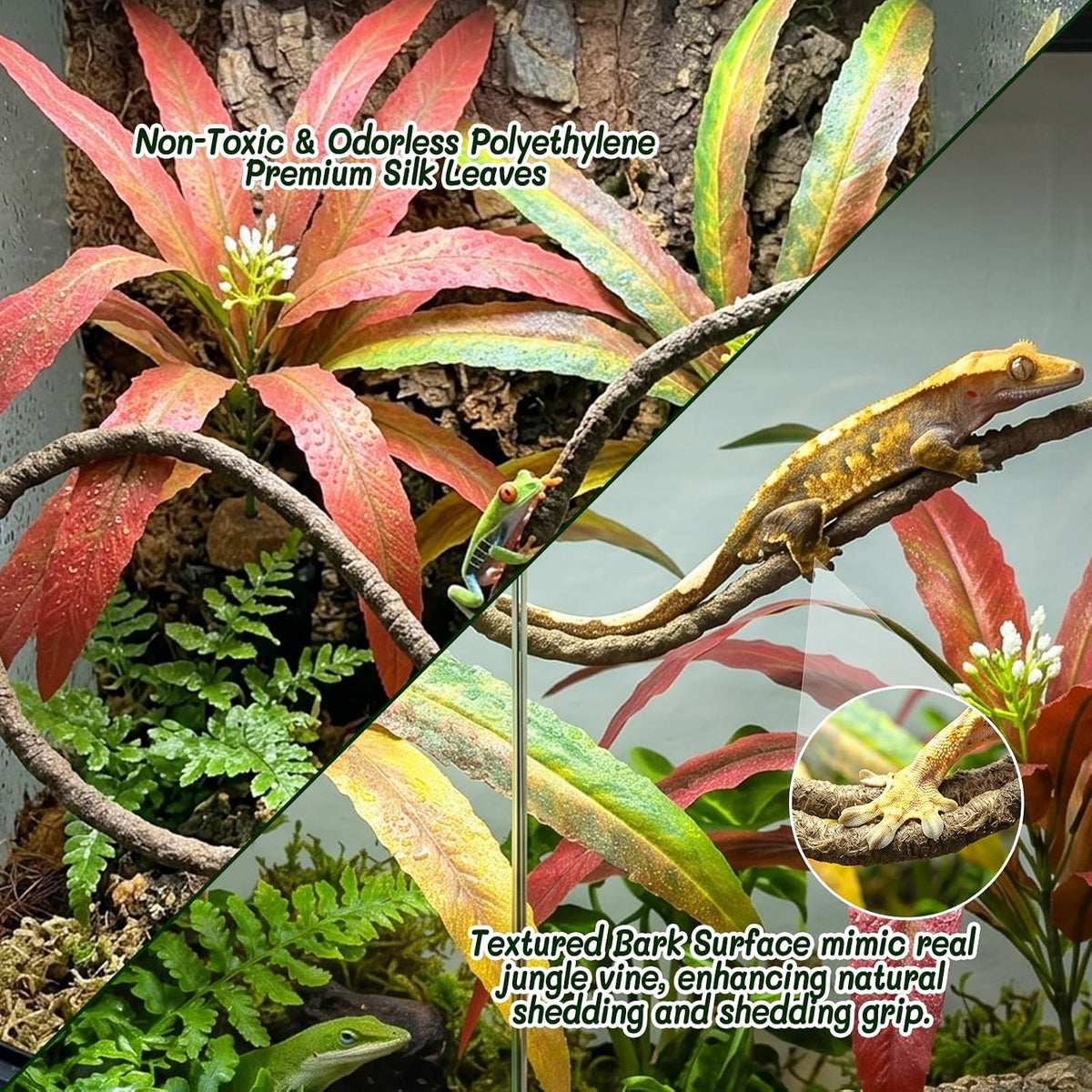 3PC Reptile Terrarium Habitat Decor Kit – Realistic Artificial Reptile Plants with Hanging Vine, Resin Stone Base – Jungle Rainforest Habitat & Climbing for Lizard & Amphibians (Syngonium)