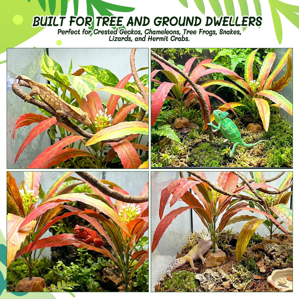 3PC Reptile Terrarium Habitat Decor Kit – Realistic Artificial Reptile Plants with Hanging Vine, Resin Stone Base – Jungle Rainforest Habitat & Climbing for Lizard & Amphibians (Syngonium)