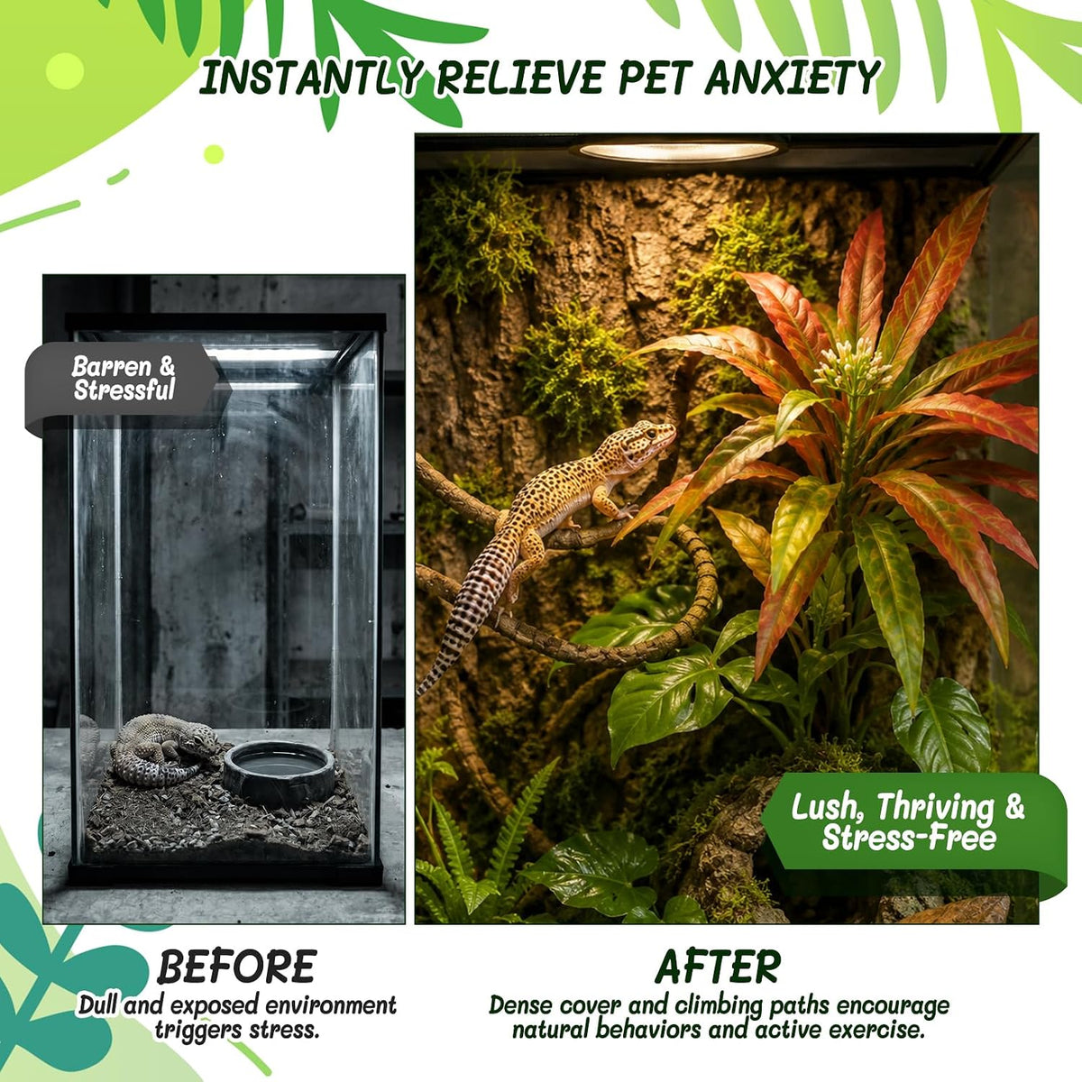 3PC Reptile Terrarium Habitat Decor Kit – Realistic Artificial Reptile Plants with Hanging Vine, Resin Stone Base – Jungle Rainforest Habitat & Climbing for Lizard & Amphibians (Syngonium)
