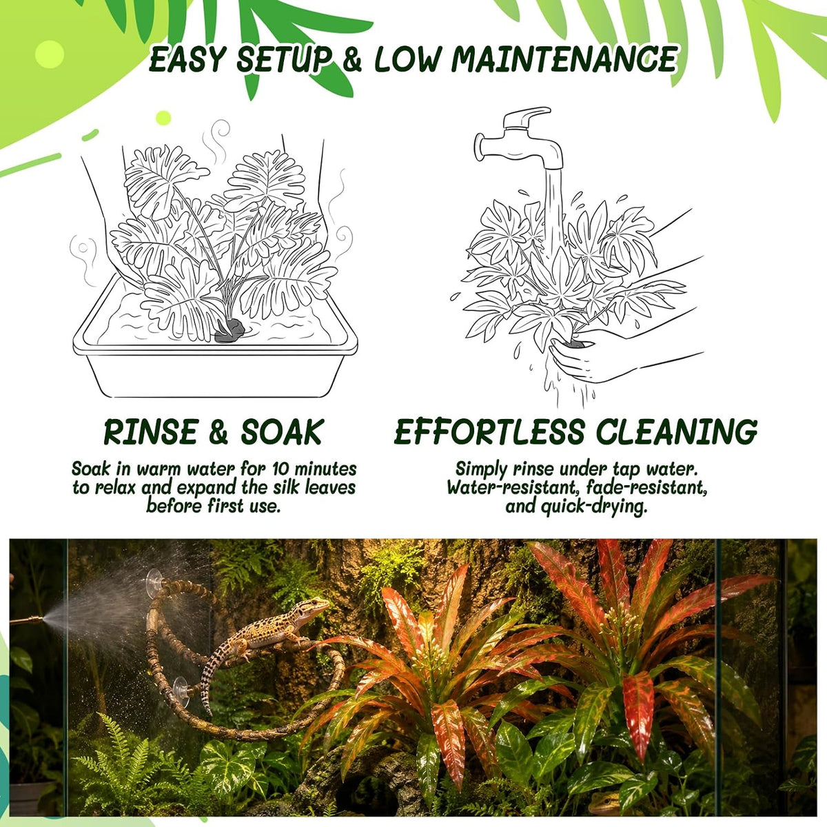 3PC Reptile Terrarium Habitat Decor Kit – Realistic Artificial Reptile Plants with Hanging Vine, Resin Stone Base – Jungle Rainforest Habitat & Climbing for Lizard & Amphibians (Syngonium)