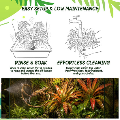 3PC Reptile Terrarium Habitat Decor Kit – Realistic Artificial Reptile Plants with Hanging Vine, Resin Stone Base – Jungle Rainforest Habitat & Climbing for Lizard & Amphibians (Syngonium)