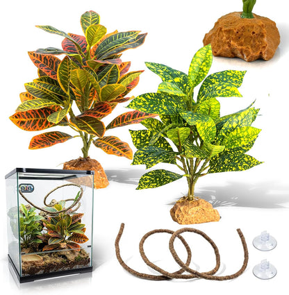3PC Reptile Terrarium Habitat Decor Kit – Realistic Artificial Reptile Plants with Hanging Vine, Resin Stone Base – Jungle Rainforest Habitat & Climbing for Lizard & Amphibians (Syngonium)