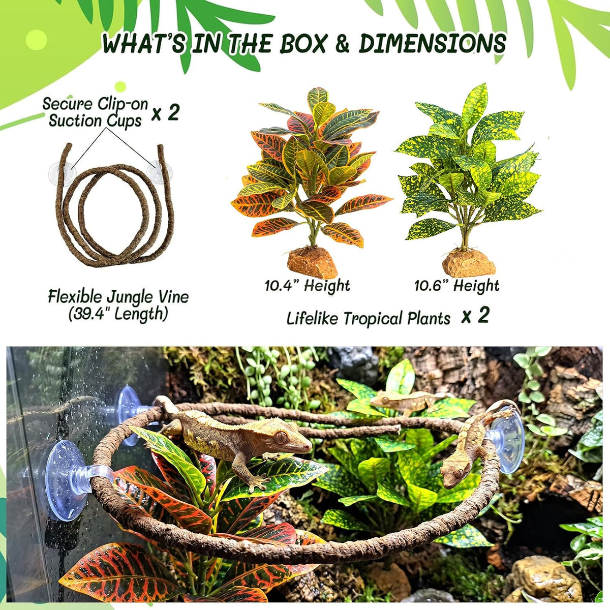 3PC Reptile Terrarium Habitat Decor Kit – Realistic Artificial Reptile Plants with Hanging Vine, Resin Stone Base – Jungle Rainforest Habitat & Climbing for Lizard & Amphibians (Syngonium)