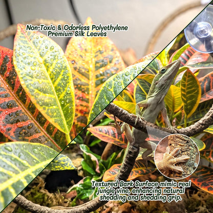 3PC Reptile Terrarium Habitat Decor Kit – Realistic Artificial Reptile Plants with Hanging Vine, Resin Stone Base – Jungle Rainforest Habitat & Climbing for Lizard & Amphibians (Syngonium)