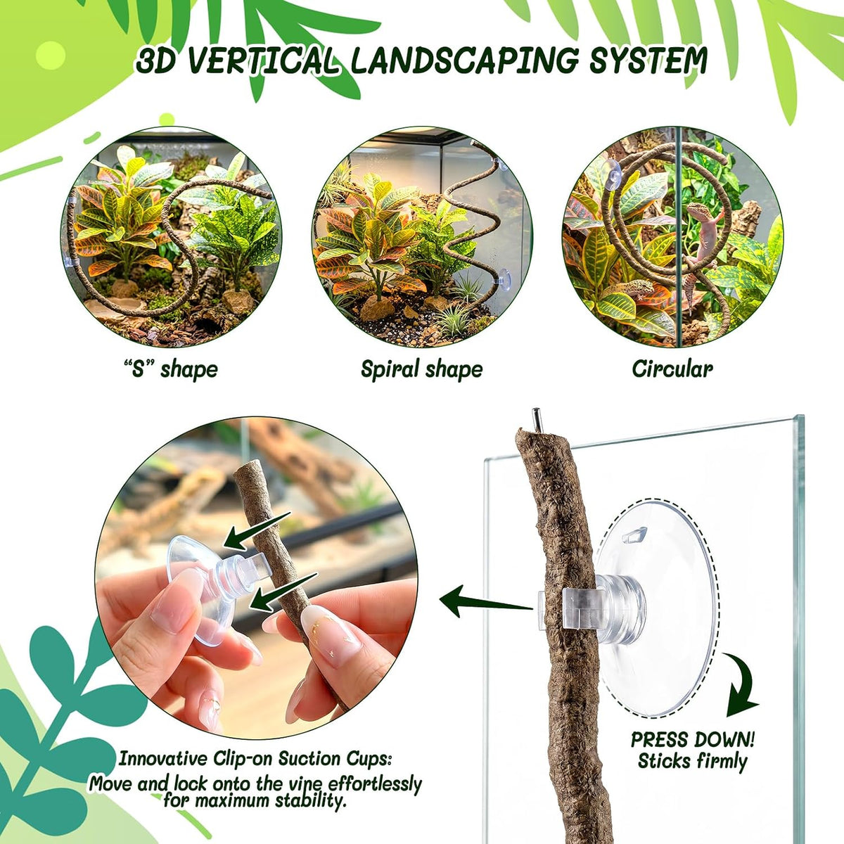 3PC Reptile Terrarium Habitat Decor Kit – Realistic Artificial Reptile Plants with Hanging Vine, Resin Stone Base – Jungle Rainforest Habitat & Climbing for Lizard & Amphibians (Syngonium)