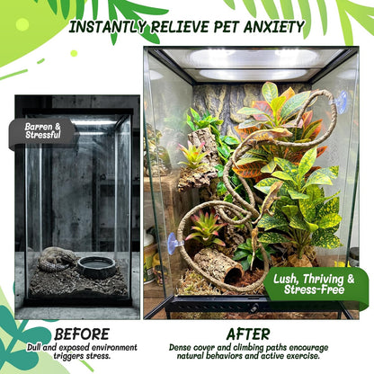 3PC Reptile Terrarium Habitat Decor Kit – Realistic Artificial Reptile Plants with Hanging Vine, Resin Stone Base – Jungle Rainforest Habitat & Climbing for Lizard & Amphibians (Syngonium)