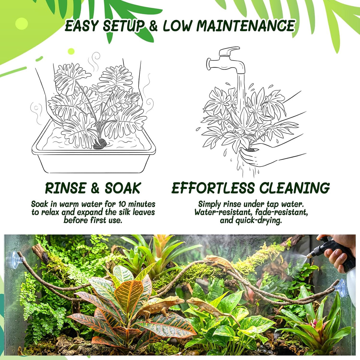 3PC Reptile Terrarium Habitat Decor Kit – Realistic Artificial Reptile Plants with Hanging Vine, Resin Stone Base – Jungle Rainforest Habitat & Climbing for Lizard & Amphibians (Syngonium)