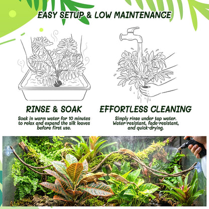 3PC Reptile Terrarium Habitat Decor Kit – Realistic Artificial Reptile Plants with Hanging Vine, Resin Stone Base – Jungle Rainforest Habitat & Climbing for Lizard & Amphibians (Syngonium)