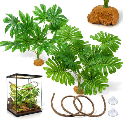 3PC Reptile Terrarium Habitat Decor Kit – Realistic Artificial Reptile Plants with Hanging Vine, Resin Stone Base – Jungle Rainforest Habitat & Climbing for Lizard & Amphibians (Syngonium)