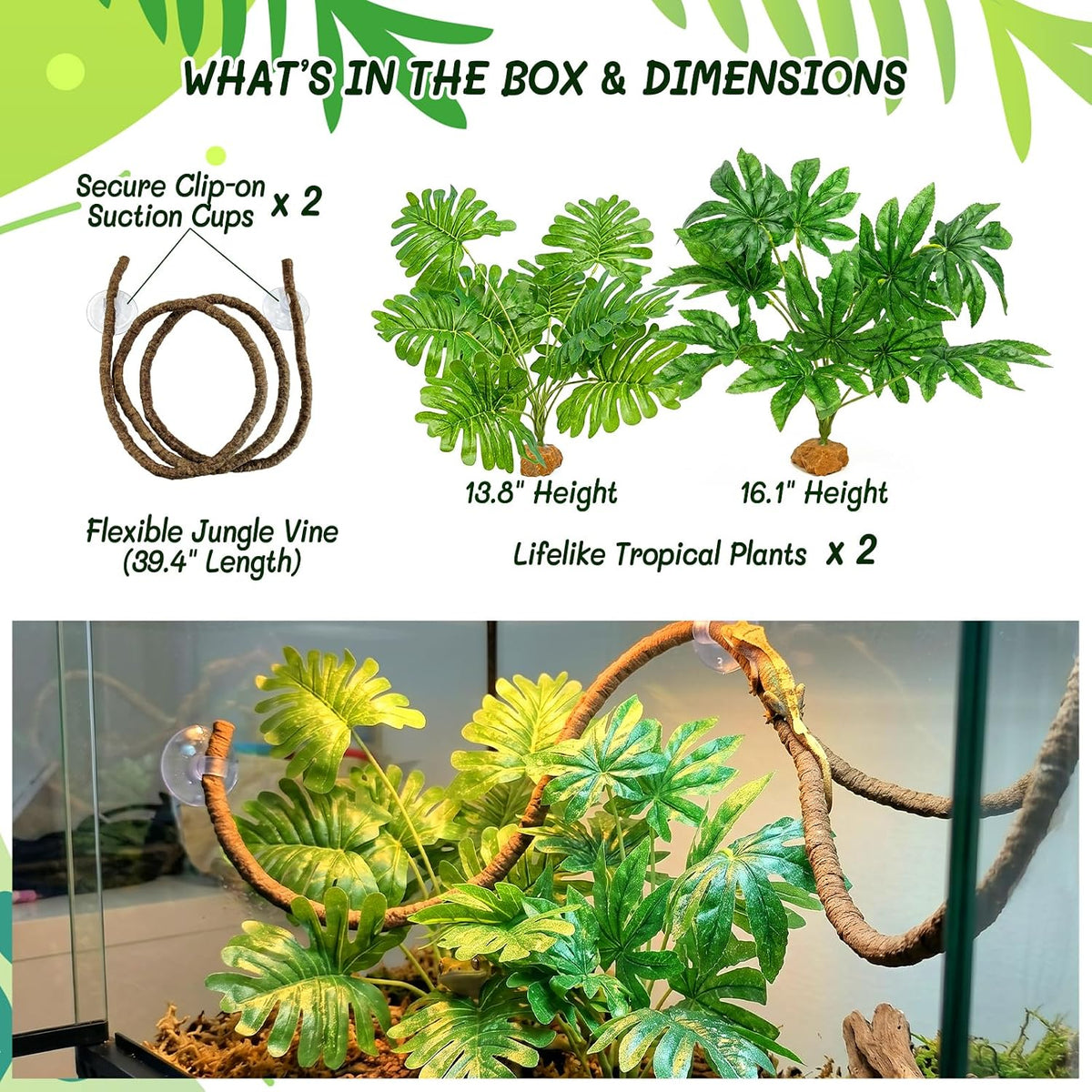 3PC Reptile Terrarium Habitat Decor Kit – Realistic Artificial Reptile Plants with Hanging Vine, Resin Stone Base – Jungle Rainforest Habitat & Climbing for Lizard & Amphibians (Syngonium)