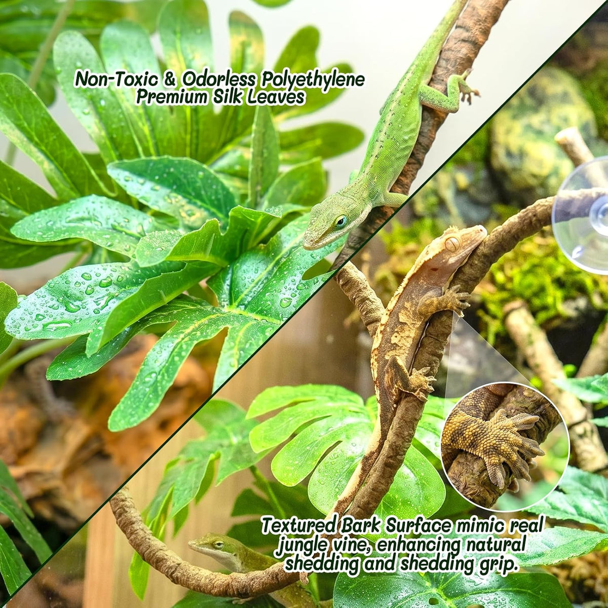 3PC Reptile Terrarium Habitat Decor Kit – Realistic Artificial Reptile Plants with Hanging Vine, Resin Stone Base – Jungle Rainforest Habitat & Climbing for Lizard & Amphibians (Syngonium)