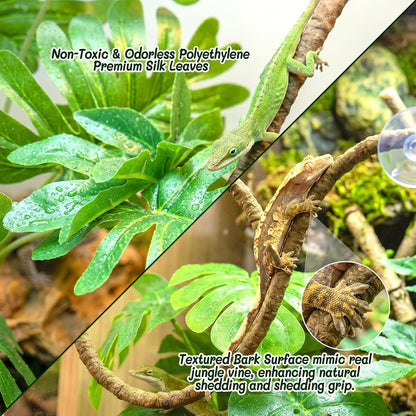 3PC Reptile Terrarium Habitat Decor Kit – Realistic Artificial Reptile Plants with Hanging Vine, Resin Stone Base – Jungle Rainforest Habitat & Climbing for Lizard & Amphibians (Syngonium)