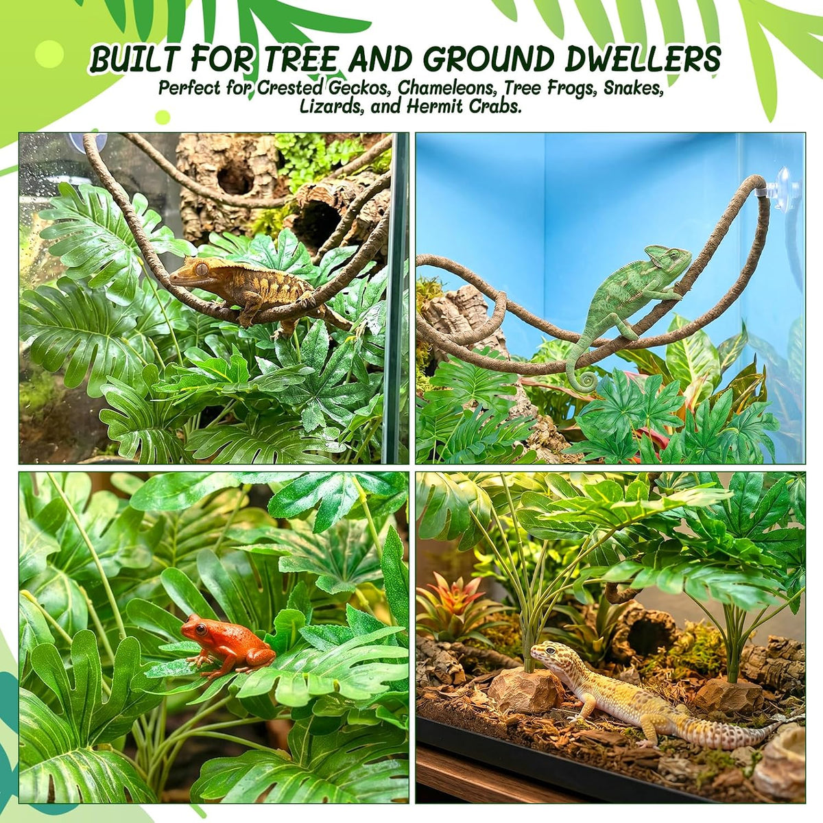 3PC Reptile Terrarium Habitat Decor Kit – Realistic Artificial Reptile Plants with Hanging Vine, Resin Stone Base – Jungle Rainforest Habitat & Climbing for Lizard & Amphibians (Syngonium)