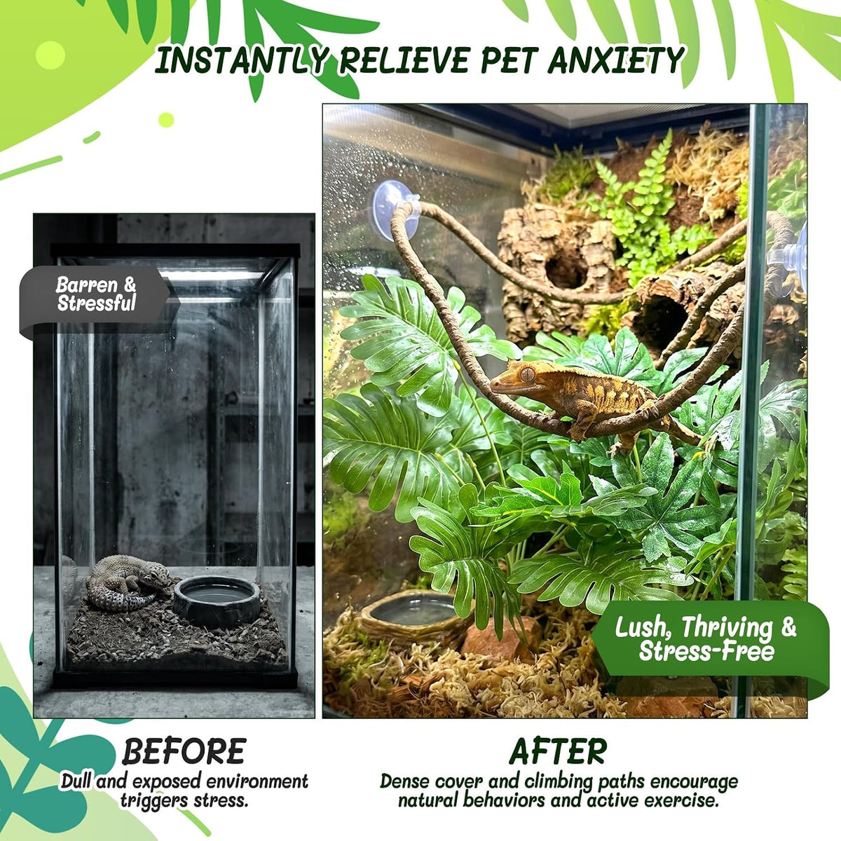 3PC Reptile Terrarium Habitat Decor Kit – Realistic Artificial Reptile Plants with Hanging Vine, Resin Stone Base – Jungle Rainforest Habitat & Climbing for Lizard & Amphibians (Syngonium)