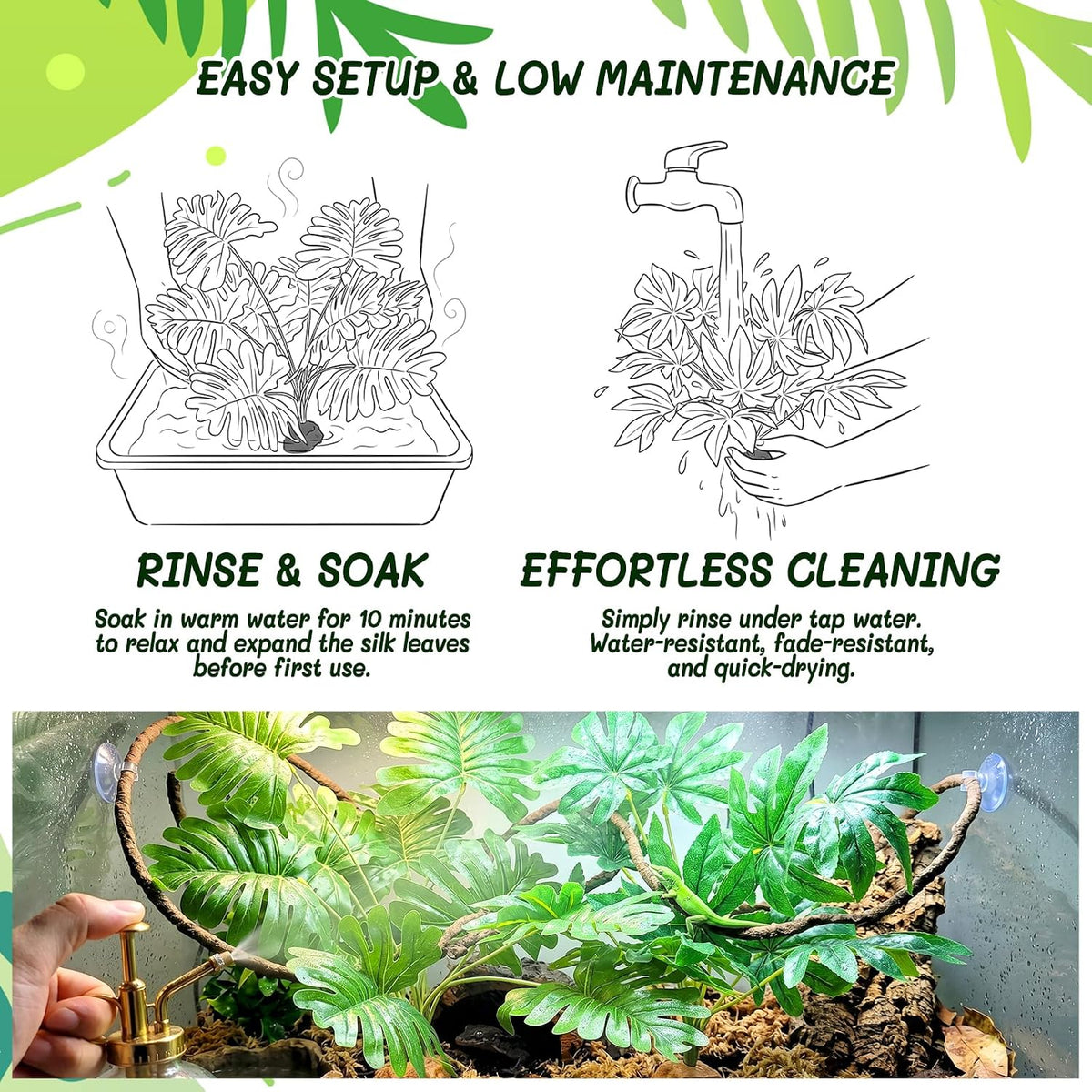 3PC Reptile Terrarium Habitat Decor Kit – Realistic Artificial Reptile Plants with Hanging Vine, Resin Stone Base – Jungle Rainforest Habitat & Climbing for Lizard & Amphibians (Syngonium)