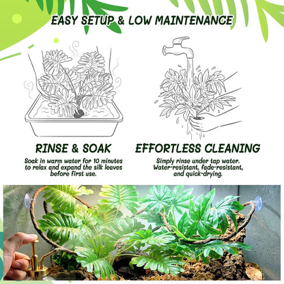 3PC Reptile Terrarium Habitat Decor Kit – Realistic Artificial Reptile Plants with Hanging Vine, Resin Stone Base – Jungle Rainforest Habitat & Climbing for Lizard & Amphibians (Syngonium)