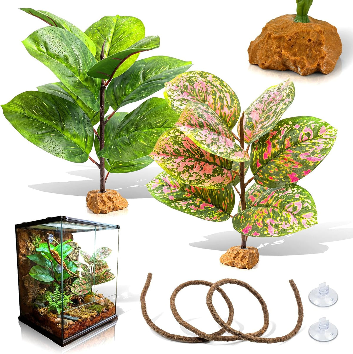 3PC Reptile Terrarium Habitat Decor Kit – Realistic Artificial Reptile Plants with Hanging Vine, Resin Stone Base – Jungle Rainforest Habitat & Climbing for Lizard & Amphibians (Syngonium)