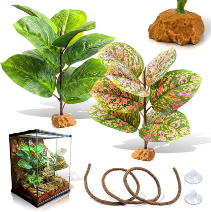 3PC Reptile Terrarium Habitat Decor Kit – Realistic Artificial Reptile Plants with Hanging Vine, Resin Stone Base – Jungle Rainforest Habitat & Climbing for Lizard & Amphibians (Syngonium)