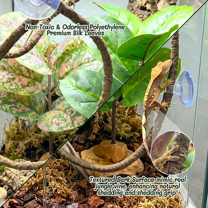 3PC Reptile Terrarium Habitat Decor Kit – Realistic Artificial Reptile Plants with Hanging Vine, Resin Stone Base – Jungle Rainforest Habitat & Climbing for Lizard & Amphibians (Syngonium)