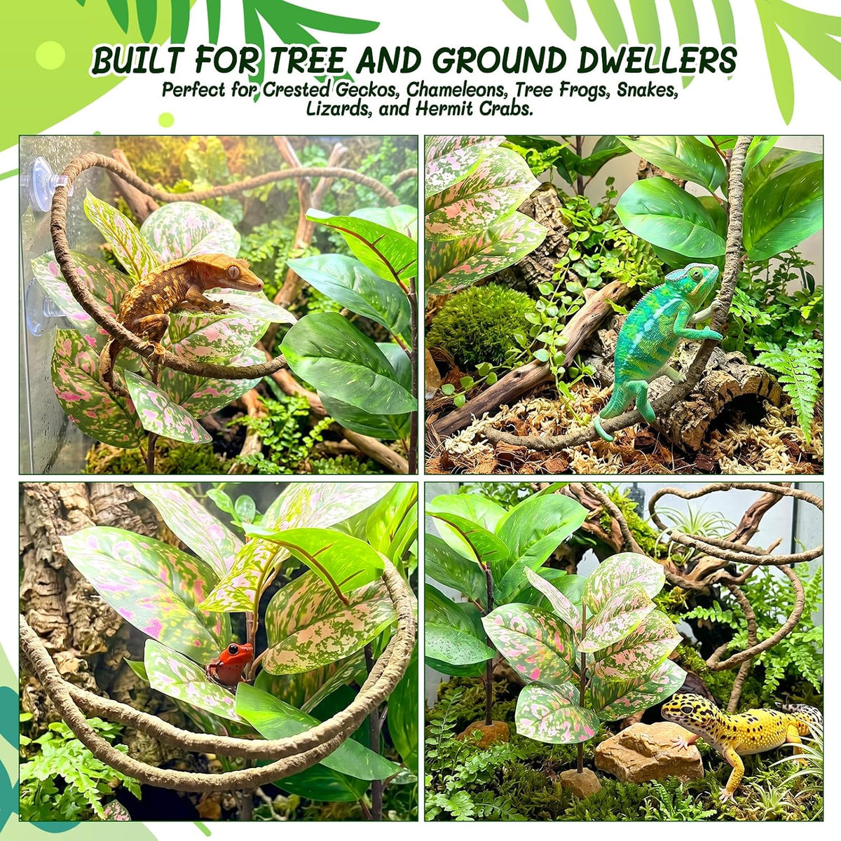 3PC Reptile Terrarium Habitat Decor Kit – Realistic Artificial Reptile Plants with Hanging Vine, Resin Stone Base – Jungle Rainforest Habitat & Climbing for Lizard & Amphibians (Syngonium)