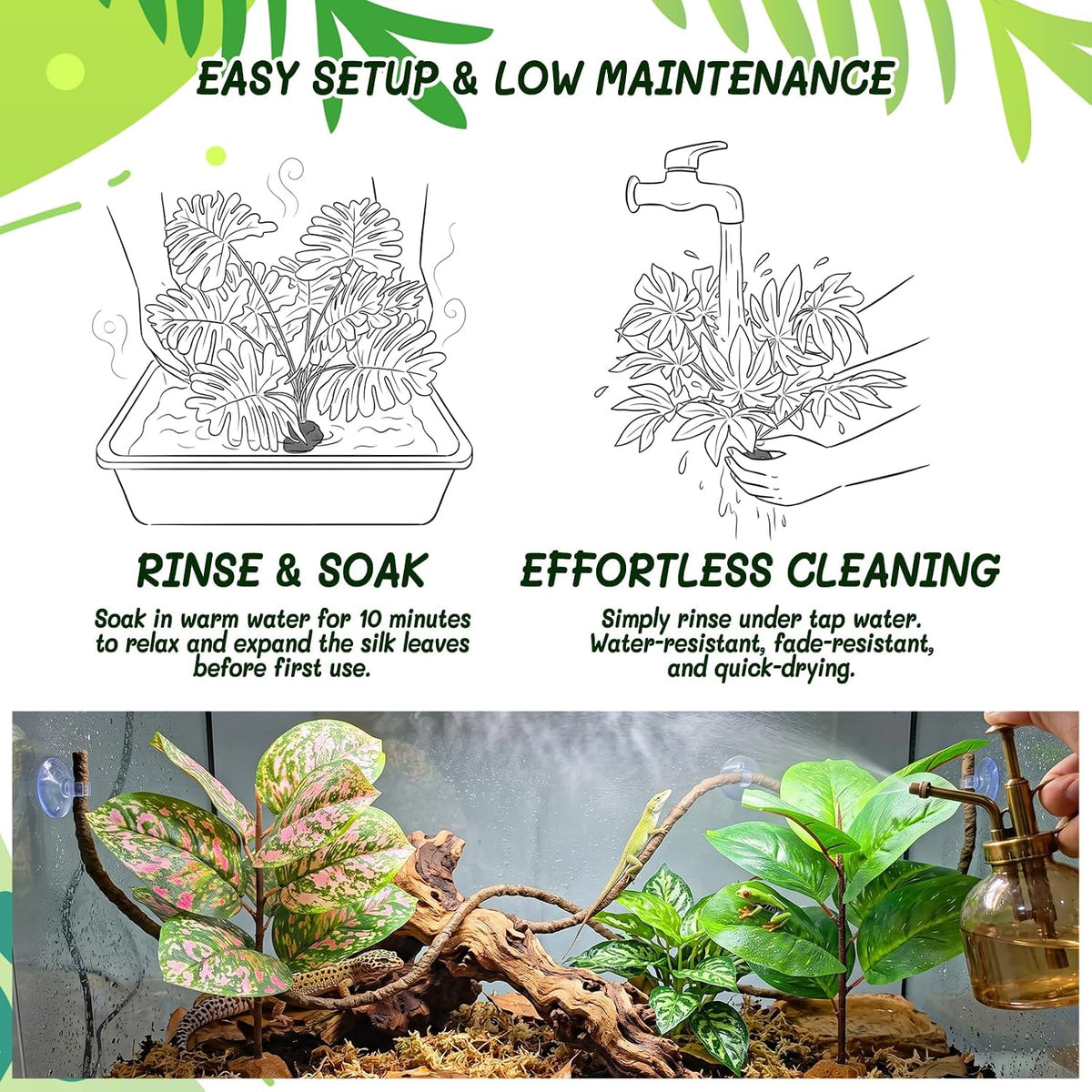 3PC Reptile Terrarium Habitat Decor Kit – Realistic Artificial Reptile Plants with Hanging Vine, Resin Stone Base – Jungle Rainforest Habitat & Climbing for Lizard & Amphibians (Syngonium)