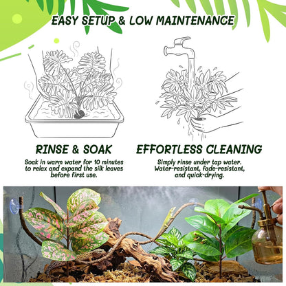 3PC Reptile Terrarium Habitat Decor Kit – Realistic Artificial Reptile Plants with Hanging Vine, Resin Stone Base – Jungle Rainforest Habitat & Climbing for Lizard & Amphibians (Syngonium)
