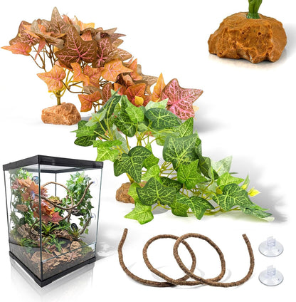 3PC Reptile Terrarium Habitat Decor Kit – Realistic Artificial Reptile Plants with Hanging Vine, Resin Stone Base – Jungle Rainforest Habitat & Climbing for Lizard & Amphibians (Syngonium)