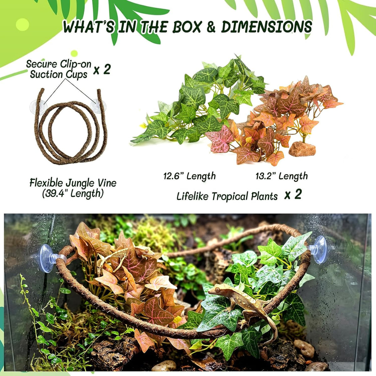 3PC Reptile Terrarium Habitat Decor Kit – Realistic Artificial Reptile Plants with Hanging Vine, Resin Stone Base – Jungle Rainforest Habitat & Climbing for Lizard & Amphibians (Syngonium)