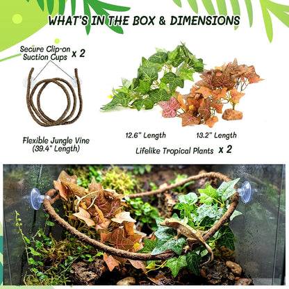 3PC Reptile Terrarium Habitat Decor Kit – Realistic Artificial Reptile Plants with Hanging Vine, Resin Stone Base – Jungle Rainforest Habitat & Climbing for Lizard & Amphibians (Syngonium)