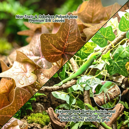 3PC Reptile Terrarium Habitat Decor Kit – Realistic Artificial Reptile Plants with Hanging Vine, Resin Stone Base – Jungle Rainforest Habitat & Climbing for Lizard & Amphibians (Syngonium)