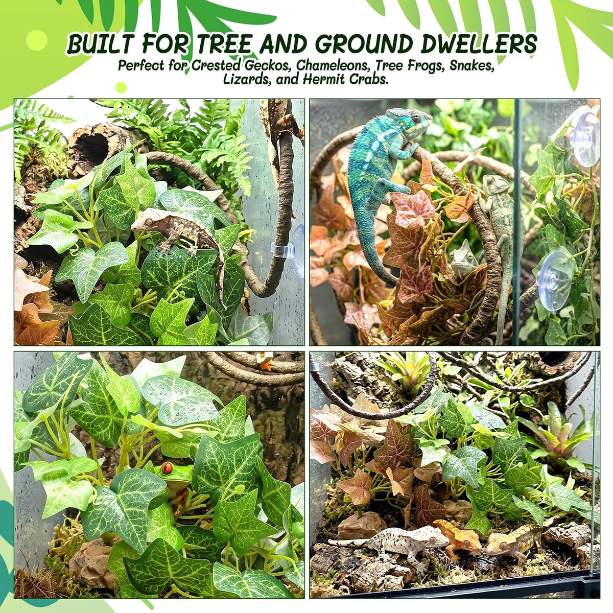3PC Reptile Terrarium Habitat Decor Kit – Realistic Artificial Reptile Plants with Hanging Vine, Resin Stone Base – Jungle Rainforest Habitat & Climbing for Lizard & Amphibians (Syngonium)