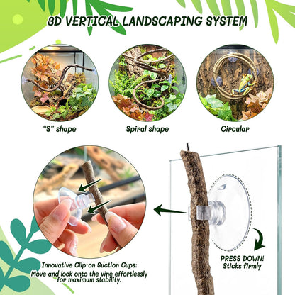 3PC Reptile Terrarium Habitat Decor Kit – Realistic Artificial Reptile Plants with Hanging Vine, Resin Stone Base – Jungle Rainforest Habitat & Climbing for Lizard & Amphibians (Syngonium)
